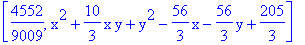 [4552/9009, x^2+10/3*x*y+y^2-56/3*x-56/3*y+205/3]